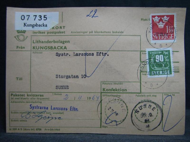 Adresskort med stämplade frimärken - 1964 - Kungsbacka till Sunne