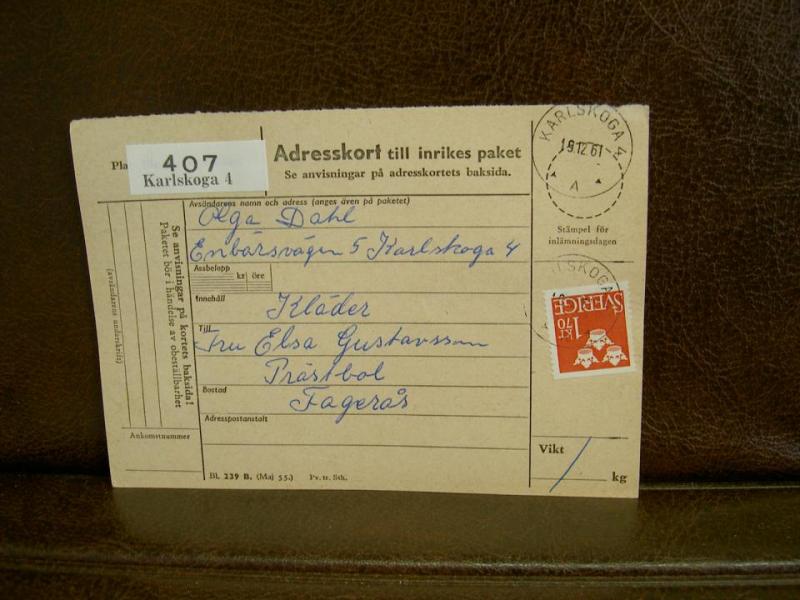 Paketavi med stämplade frimärken - 1961 - Karlskoga 4 till Fagerås