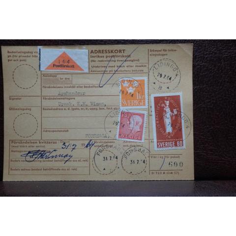Poststämplat  adresskort med postförskott och frimärken - Lidingö 4 - Forshaga