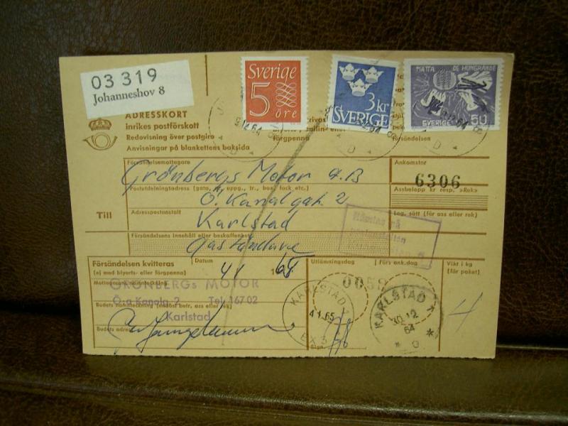Paketavi med stämplade frimärken - 1964 - Johanneshov 8 till Karlstad
