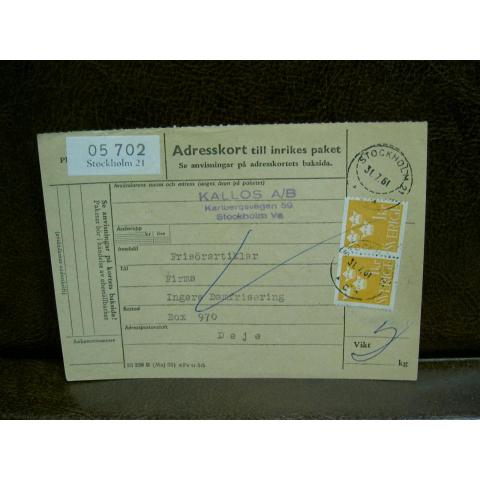 Paketavi med stämplade frimärken - 1961 - Stockholm 21 till Deje