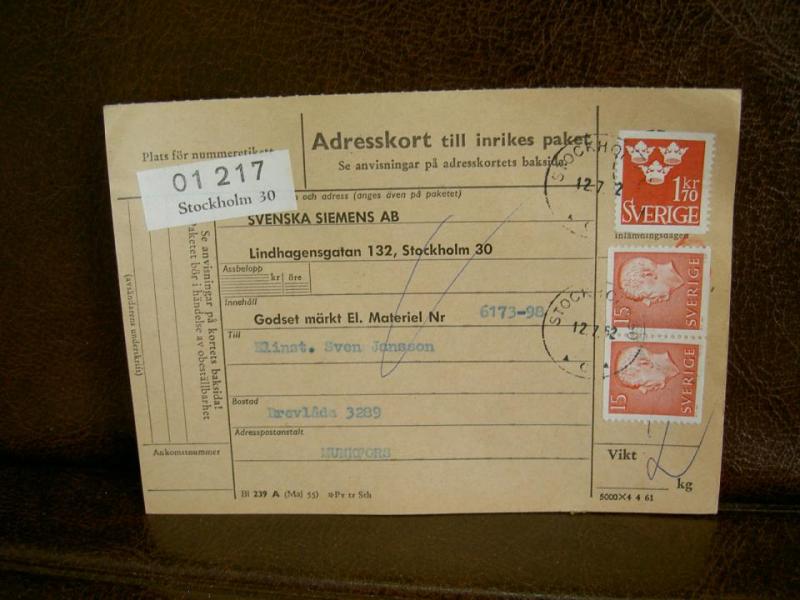 Paketavi med stämplade frimärken - 1962 - Stockholm 30 till Munkfors
