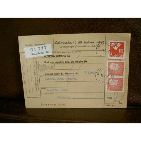 Paketavi med stämplade frimärken - 1962 - Stockholm 30 till Munkfors