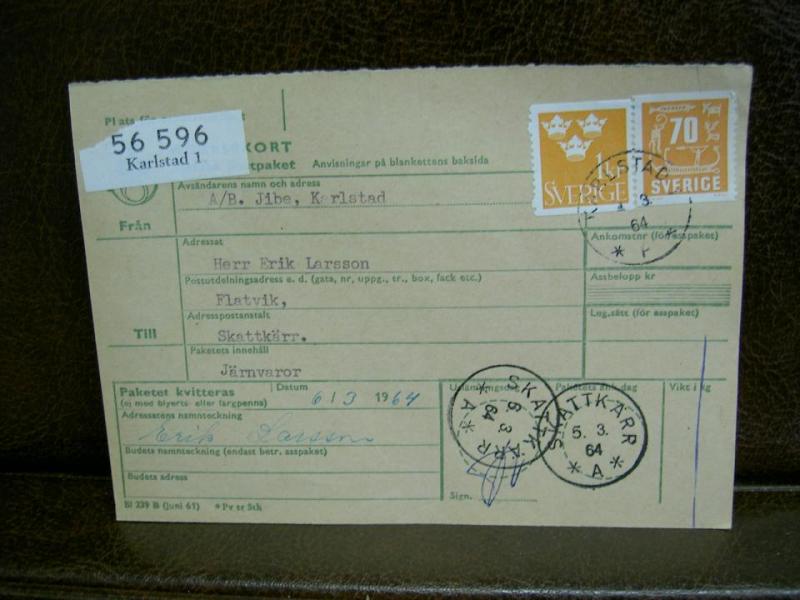 Paketavi med stämplade frimärken - 1964 - Karlstad till Skattkärr