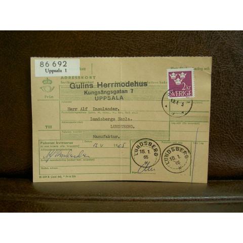 Frimärke på adresskort - stämplat 1965 - Uppsala 1 - Lundsberg
