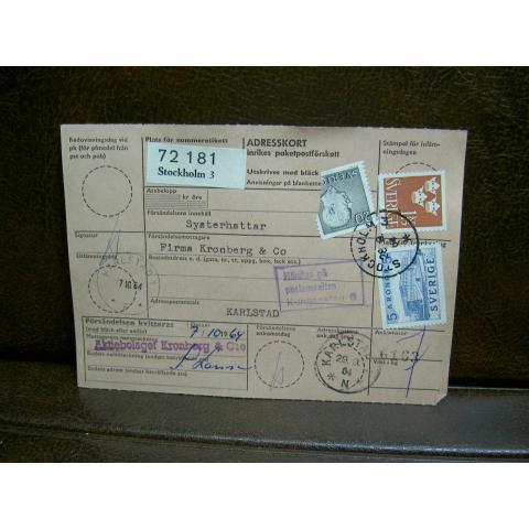 Paketavi med stämplade frimärken - 1964 - Stockholm 3 till Karlstad