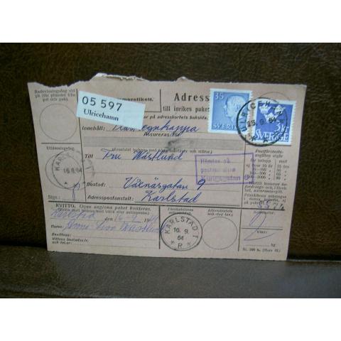 Paketavi med stämplade frimärken - 1964 - Ulricehamn till Karlstad