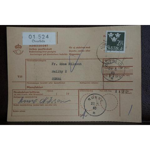 Frimärke  på adresskort - stämplat 1963 - Överlida - Sunne