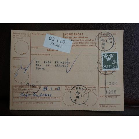 Frimärke på adresskort - stämplat 1963 - Älvsered - Sunne