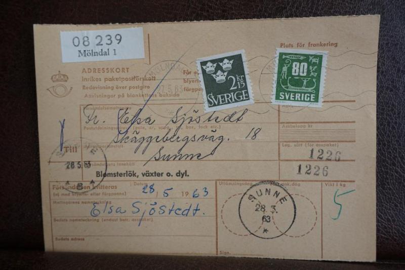 Frimärken på adresskort - stämplat 1963 - Mölndal 1 - Sunne