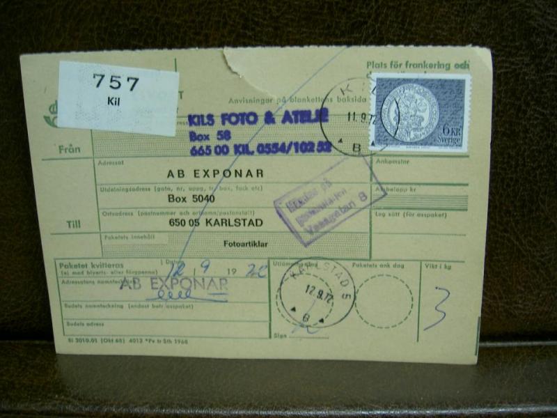 Paketavi med stämplade frimärken - 1972 - Kil till Karlstad 5