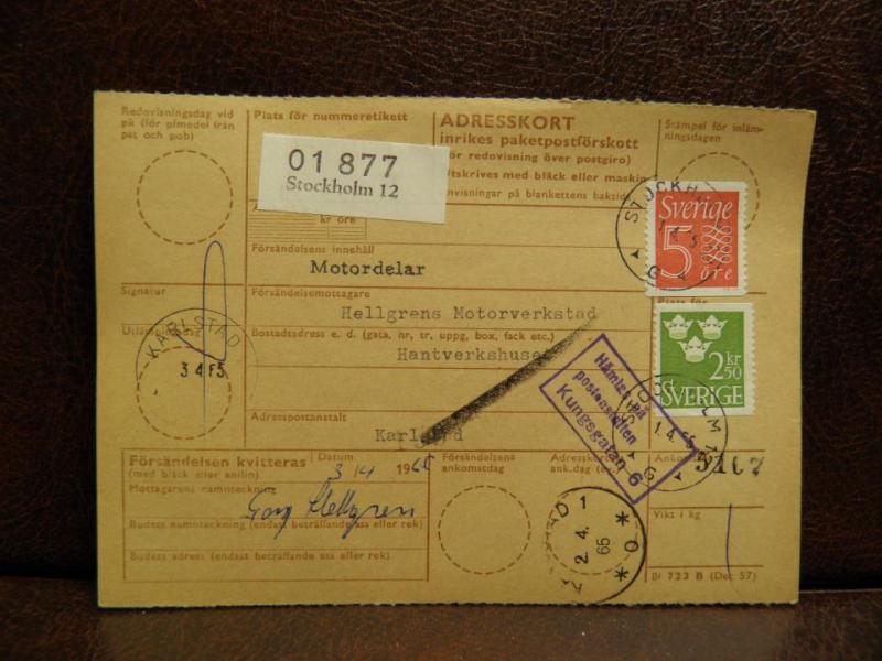 Frimärke  på adresskort - stämplat 1965 - Stockholm 12 - Karlstad 