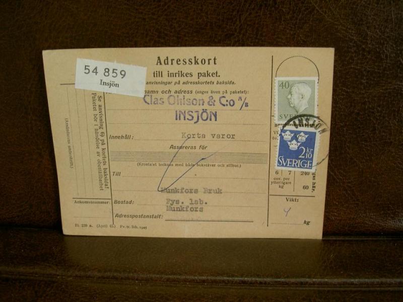 Paketavi med stämplade frimärken - 1962 - Insjön till Munkfors