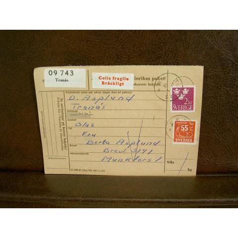 Paketavi med bräckligt + stämplade frimärken - 1962 - Tranås till Munkfors