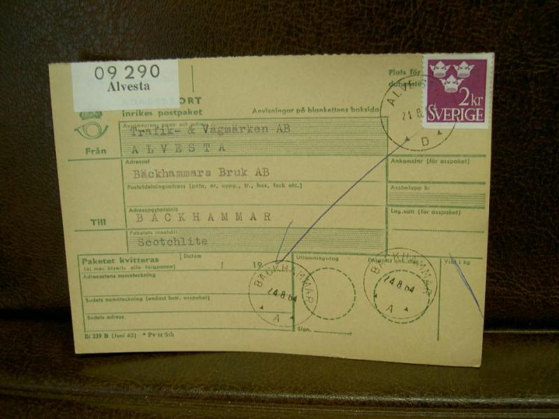 Paketavi med stämplade frimärken - 1964 - Alvesta till Bäckhammar