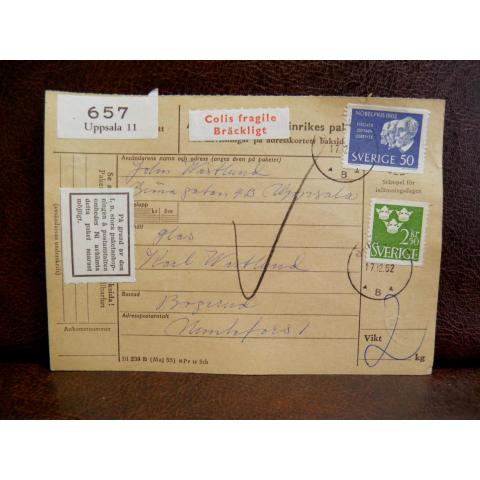 Frimärke  på adresskort - stämplat 1962 - Uppsala 11 - Munkfors 1