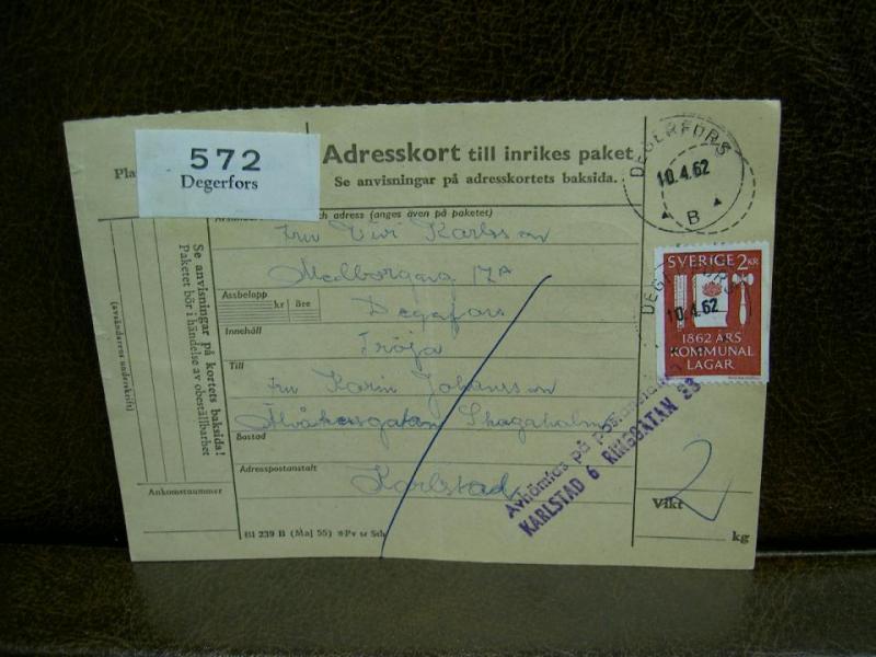 Paketavi med stämplade frimärken - 1962 - Degerfors till karlstad