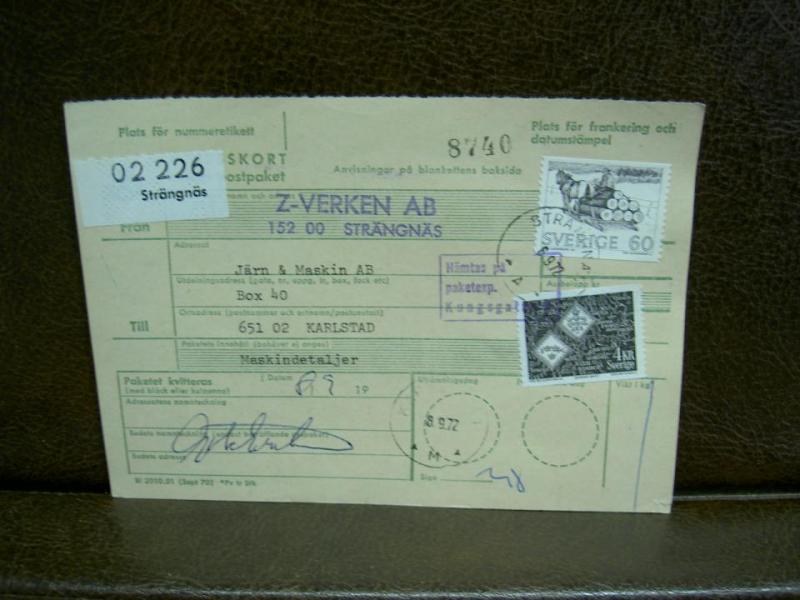 Paketavi med stämplade frimärken - 1972 - Strängnäs till Karlstad 1