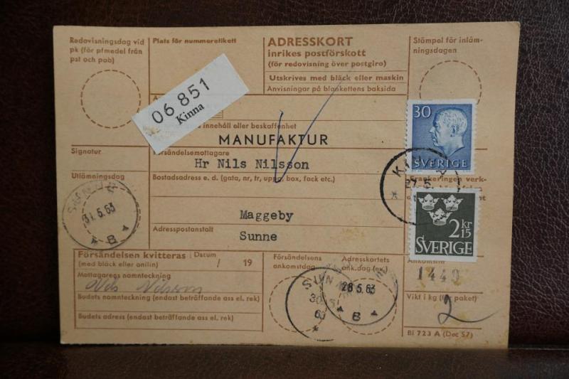 Frimärke på adresskort - stämplat 1963 - Kinna - Sunne