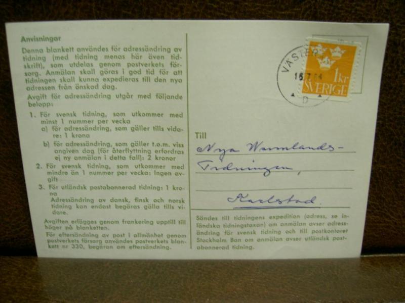 Paketavi med stämplade frimärken - 1964 - Västerås 5 till Karlstad 1