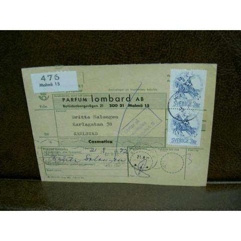 Paketavi med stämplade frimärken - 1972 -  Malmö 15 till Karlstad 1