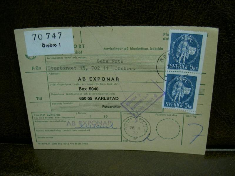 Paketavi med stämplade frimärken - 1972 -  Örebro 1 till Karlstad 5