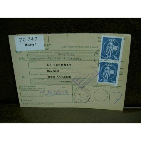 Paketavi med stämplade frimärken - 1972 -  Örebro 1 till Karlstad 5