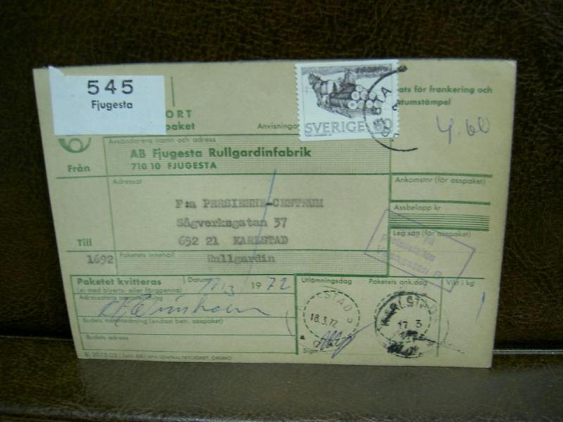 Paketavi med stämplade frimärken - 1972 - Fjugesta till Karlstad 5