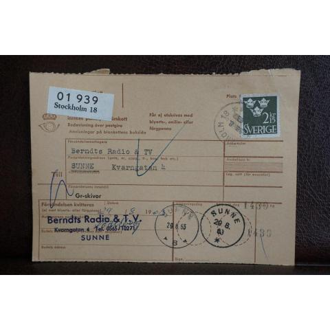 Frimärke på adresskort - stämplat 1963 - Stockholm 18 - Sunne