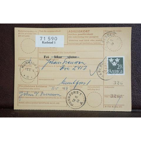 Frimärke på adresskort - stämplat 1964 - Karlstad 1 - Munkfors