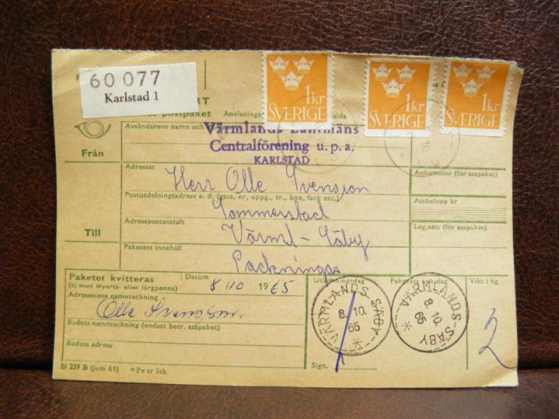 Frimärken  på adresskort - stämplat 1965 - Karlstad 1 - Värmlands Säby