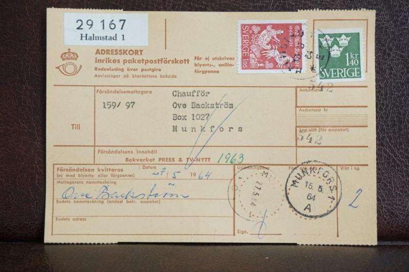 Frimärken på adresskort - stämplat 1964 - Halmstad 1 - Munkfors 