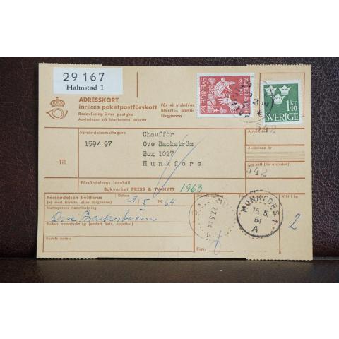 Frimärken på adresskort - stämplat 1964 - Halmstad 1 - Munkfors 
