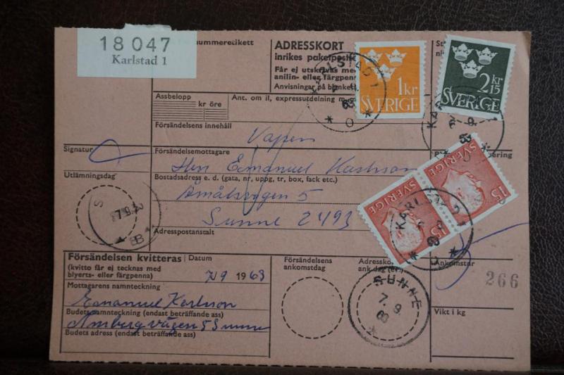 Frimärken  på adresskort - stämplat 1963 - Karlstad 1 - Sunne