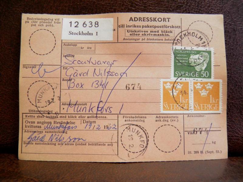 Frimärke  på adresskort - stämplat 1962 - Stockholm 1 - Munkfors 1
