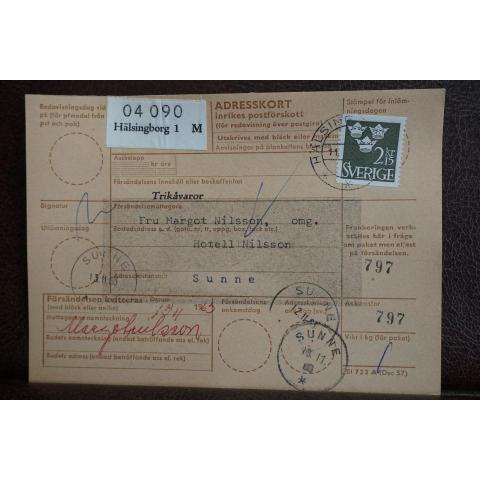 Frimärke på adresskort - stämplat 1963 - Hälsingborg 1 M - Sunne