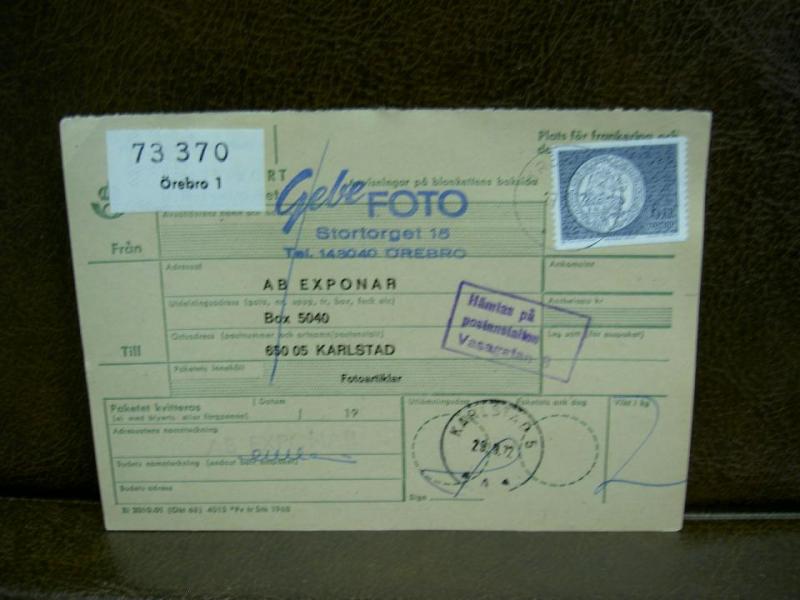 Paketavi med stämplade frimärken - 1972 - Örebro 1 till Karlstad 5