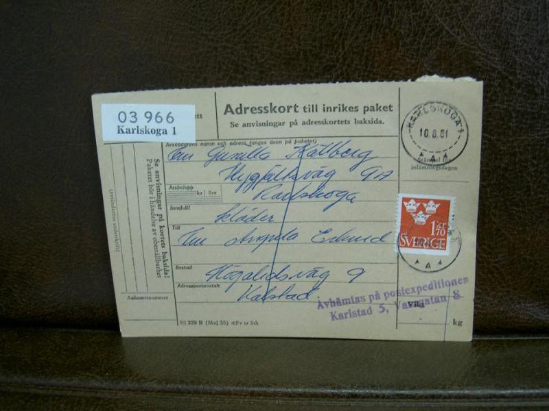 Paketavi med stämplade frimärken - 1961 - Karlskoga 1 till Karlstad