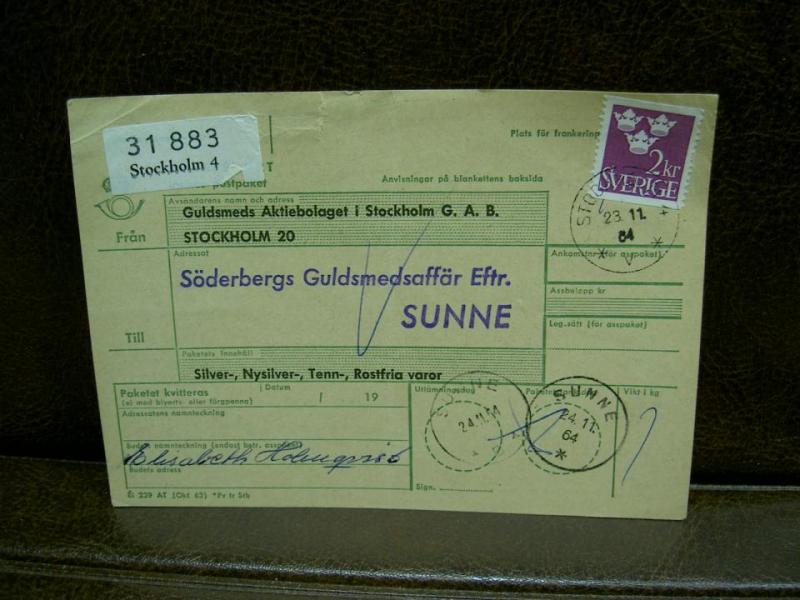 Paketavi med stämplade frimärken - 1964 - Stockholm 4 till Sunne