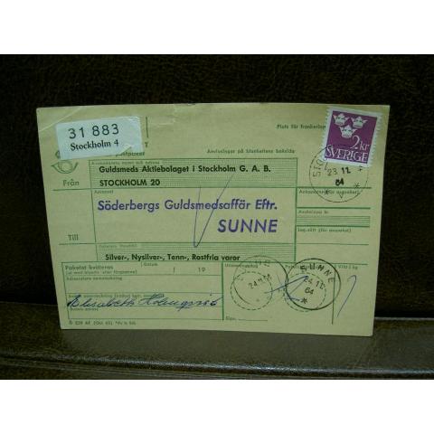 Paketavi med stämplade frimärken - 1964 - Stockholm 4 till Sunne