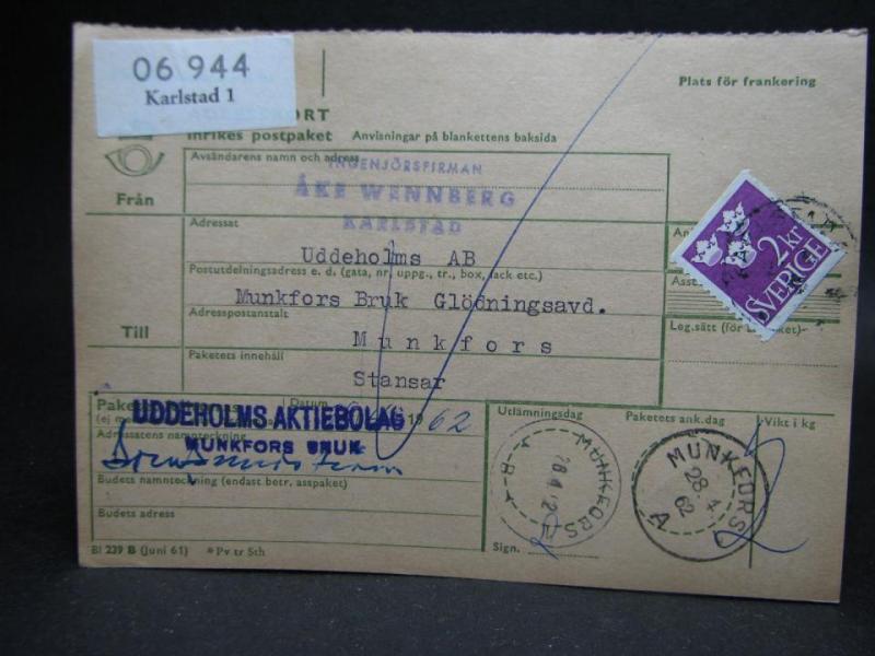Adresskort med stämplade frimärken - 1962 - Karlstad till Munkfors