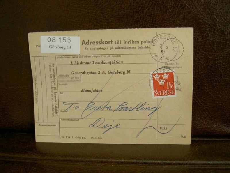 Paketavi med stämplade frimärken - 1961 - Göteborg 13 till Deje