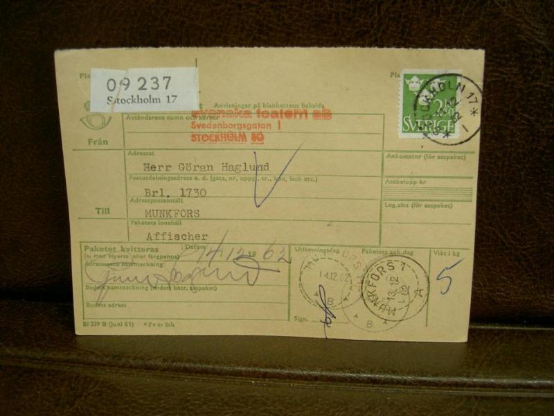 Paketavi med stämplade frimärken - 1962 - Stockholm 17 till Munkfors