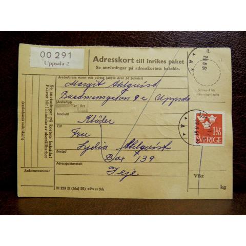Frimärken på adresskort - stämplat 1961 - Uppsala 2 - Deje