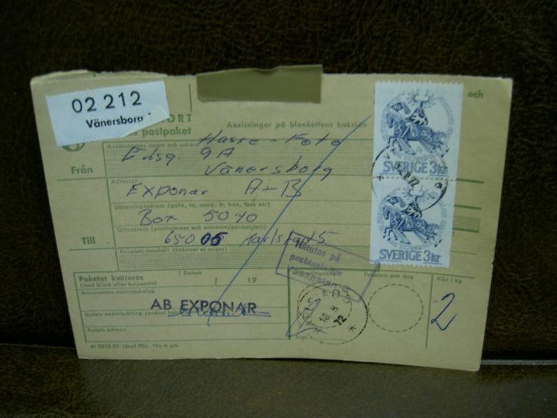 Paketavi med stämplade frimärken - 1972 -  Vänersborg 1 till Karlstad 5