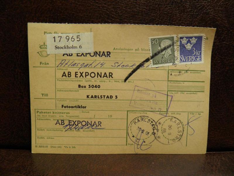 Frimärke  på adresskort - stämplat 1965 - Stockholm 6 - Karlstad 5