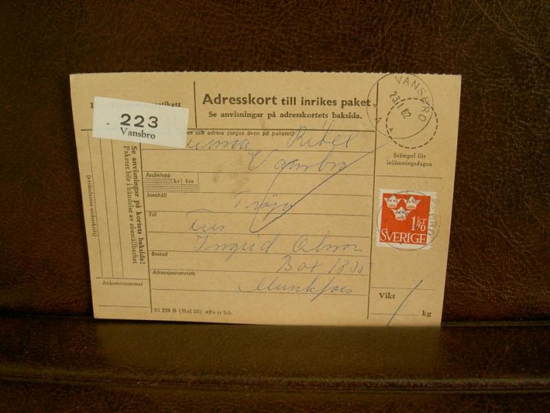 Paketavi med stämplade frimärken - 1962 - Vansbro till Munkfors