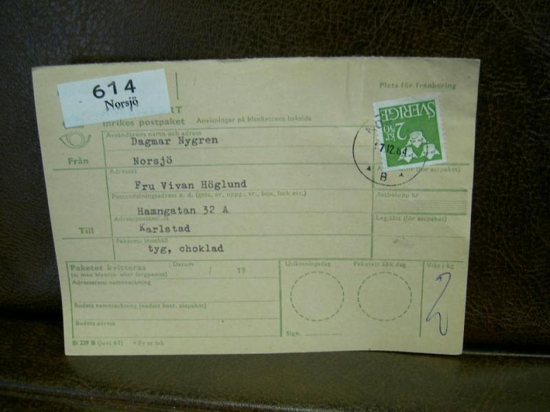 Paketavi med stämplade frimärken - 1964 - Norsjö till Karlstad