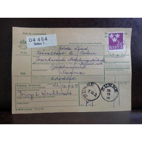 Frimärken  på adresskort - stämplat 1964 - Solna 3 - Sunne