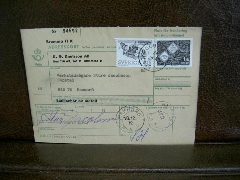 Paketavi med stämplade frimärken - 1972 - Stockholm till Hammarö